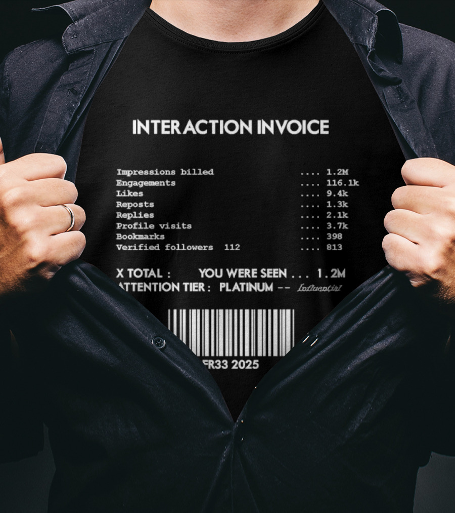 Interaction Invoice Fr33 2025 Impressions Billed 1.2m Attention Tier Platinum Barcode Edition T-Shirt