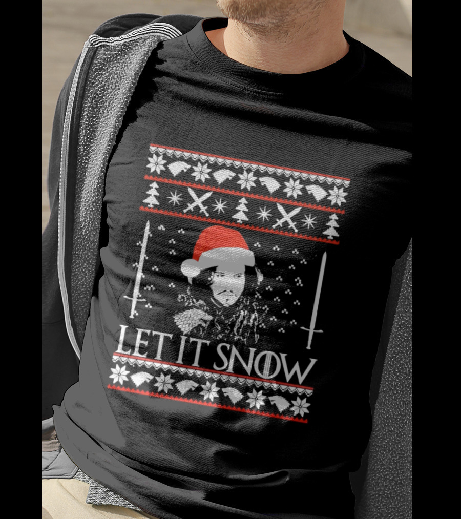 Let It Snow Christmas Ugly Sweater Santa Hat Swords Snowflakes Trees T-Shirt