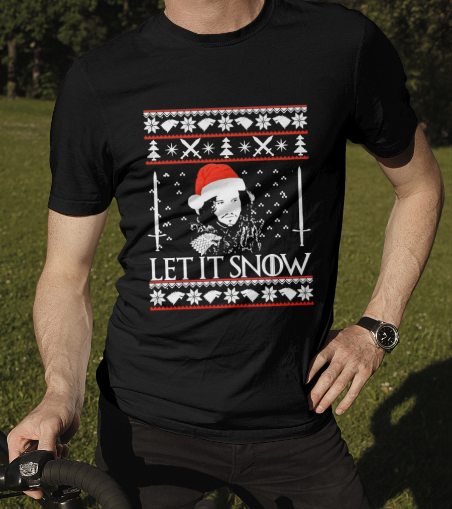 Let It Snow Christmas Ugly Sweater Santa Hat Swords Snowflakes Trees T-Shirt