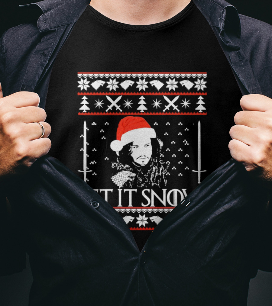Let It Snow Christmas Ugly Sweater Santa Hat Swords Snowflakes Trees T-Shirt