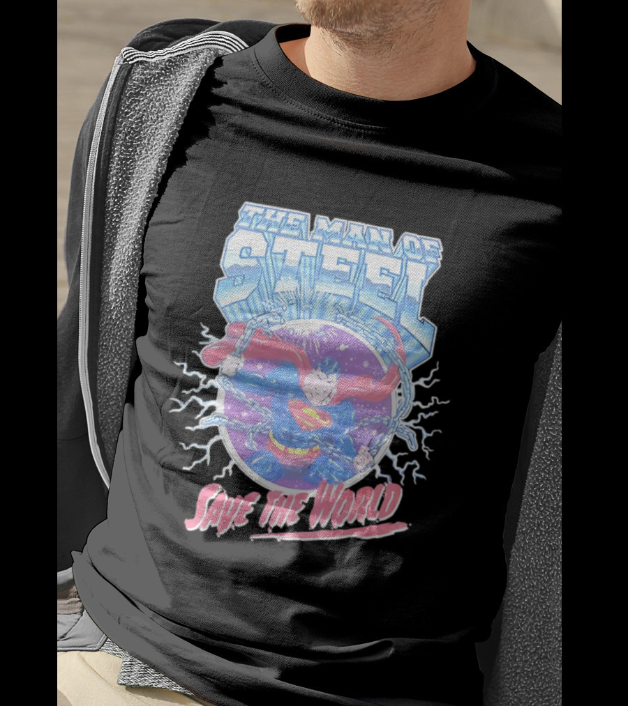The Man Of Steel Save The World Lightning Superhero Iconic T-Shirt