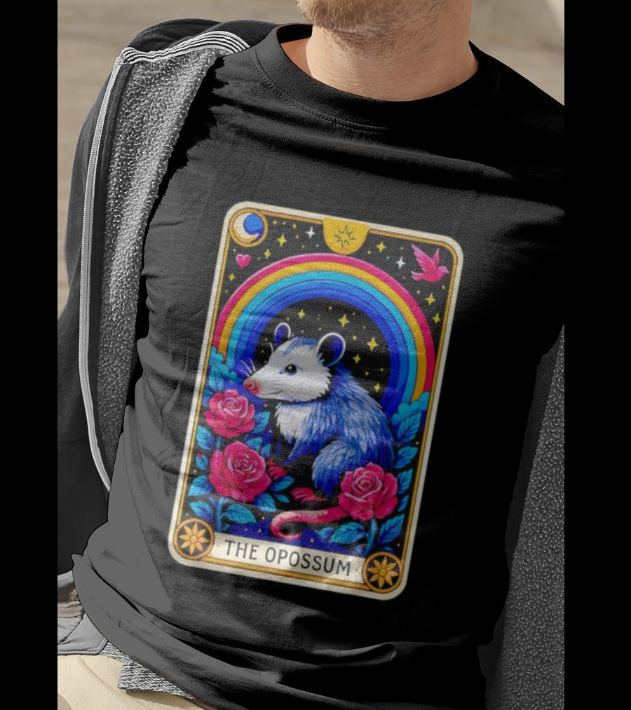The Opossum Tarot Card Rainbow Moon Roses Stars T-Shirt