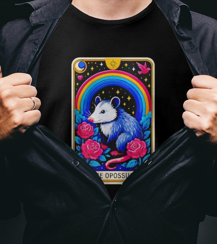 The Opossum Tarot Card Rainbow Moon Roses Stars T-Shirt