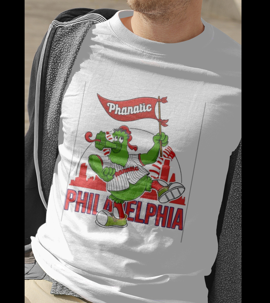 Phillie Phanatic Philadelphia Phillies Mascot Dancing With Skyline And Flag T-Shirt