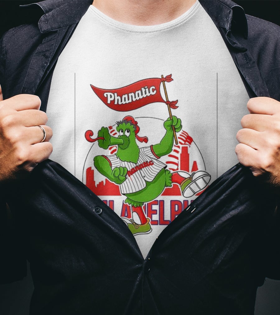 Phillie Phanatic Philadelphia Phillies Mascot Dancing With Skyline And Flag T-Shirt