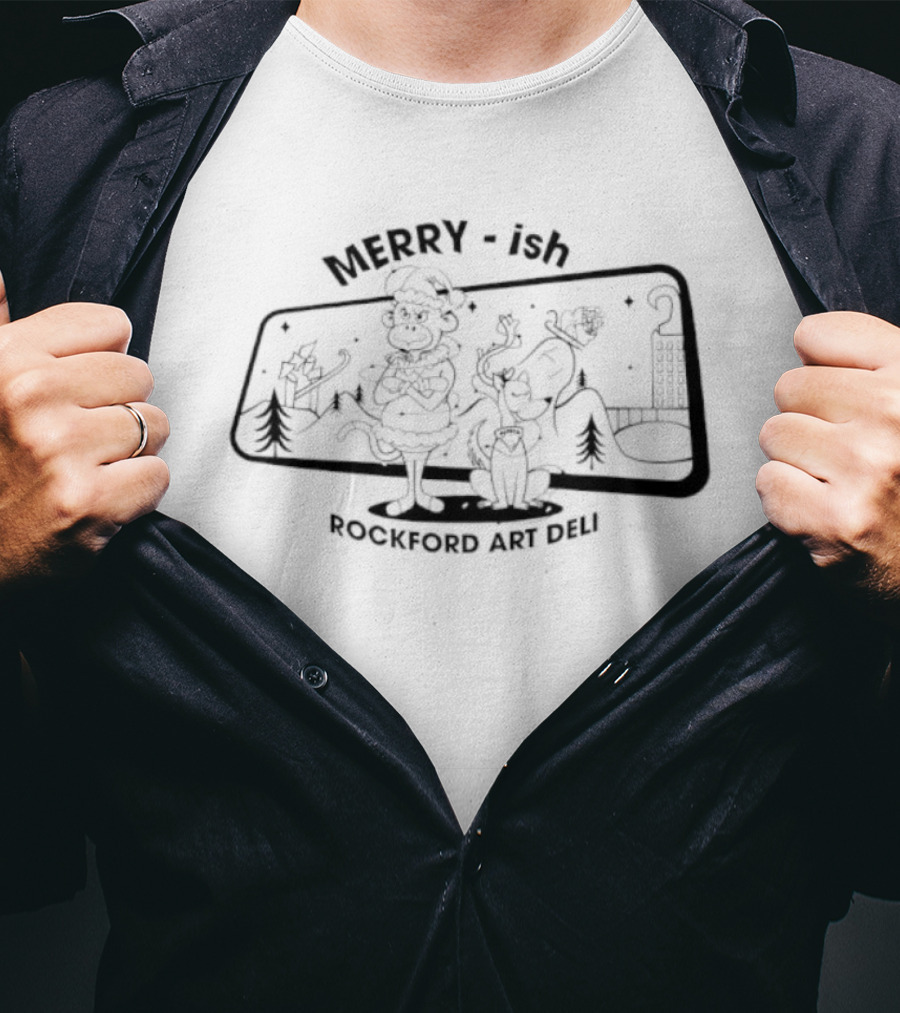Merry Ish Holiday Rockford Art Deli Monkey Dog T-Shirt