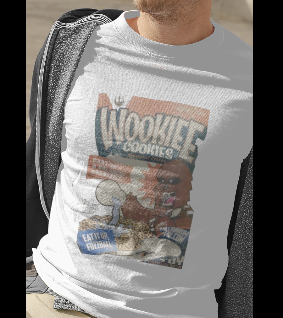 Wookiee Cookies Breakfast Cereal Eat It Up Fuzzball Free Millennium Falcon T-Shirt