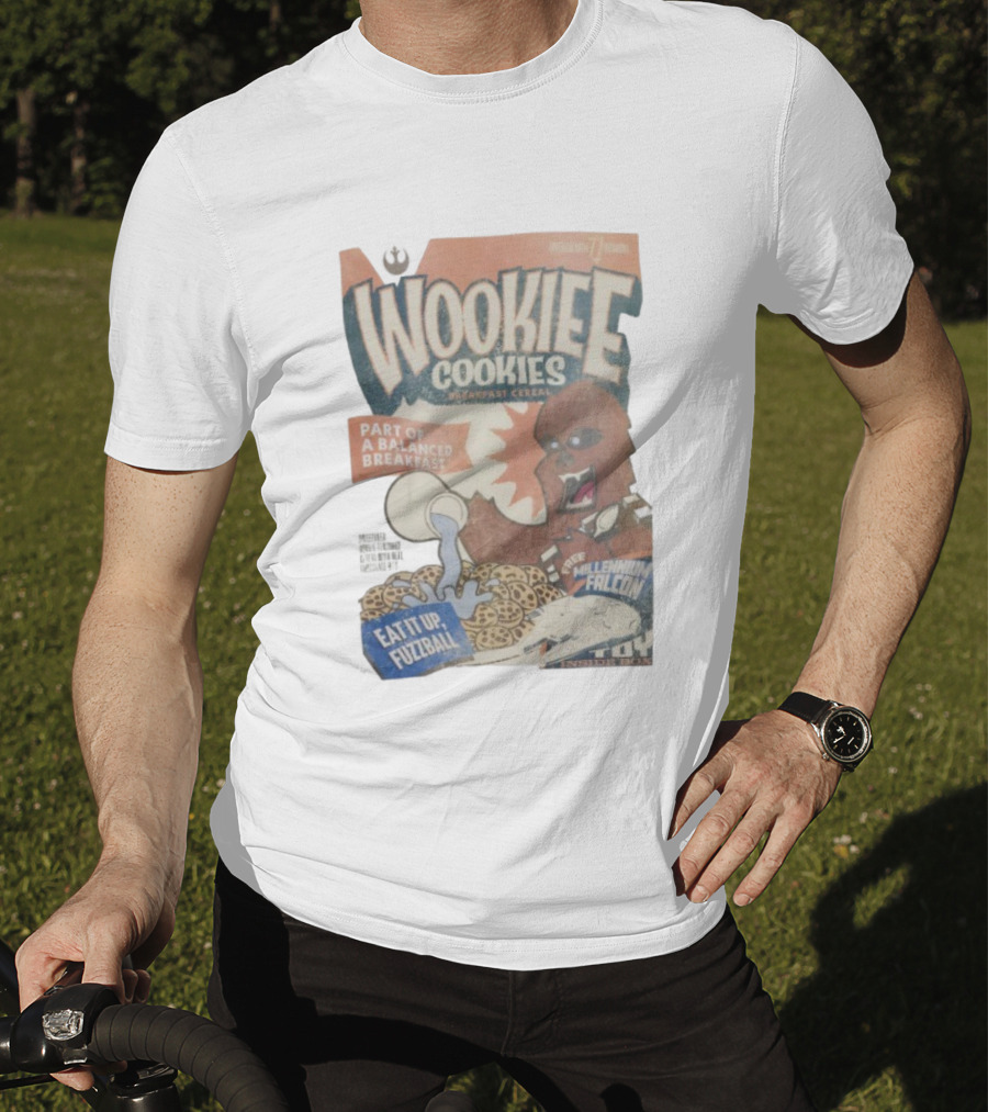 Wookiee Cookies Breakfast Cereal Eat It Up Fuzzball Free Millennium Falcon T-Shirt