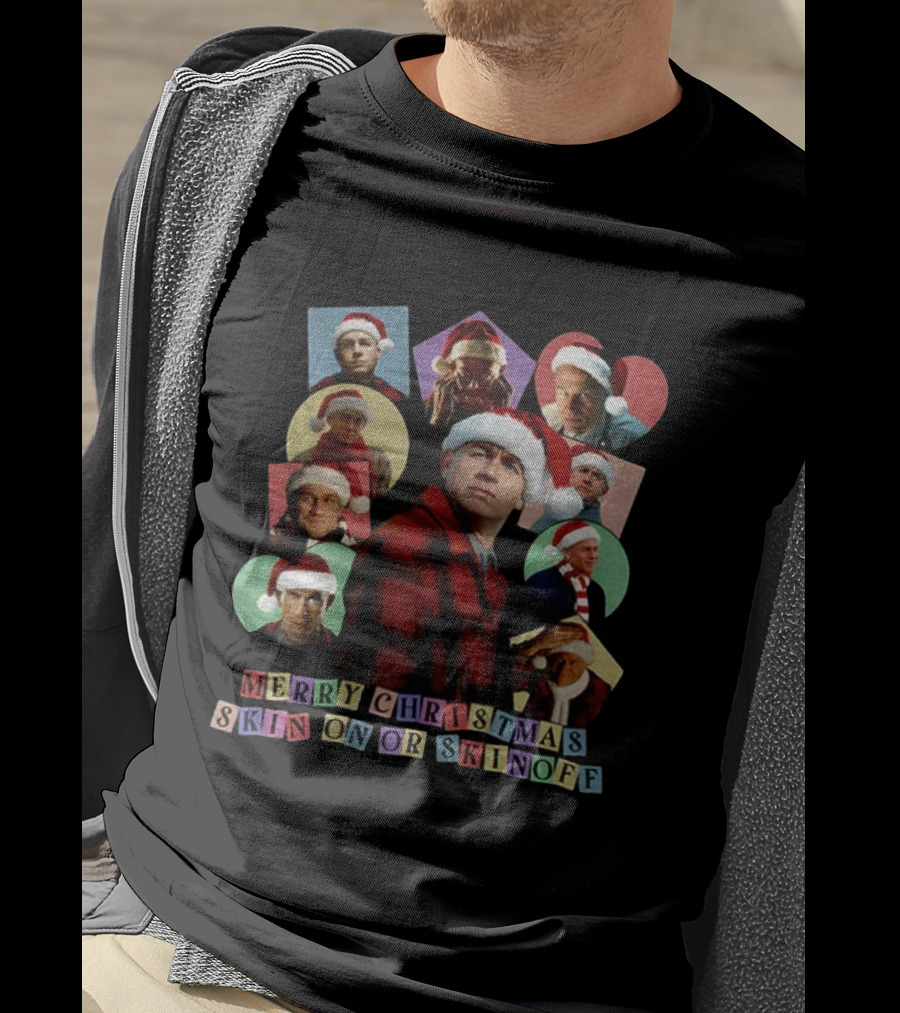 Merry Christmas Skin On Or Skin Off Santa Hat Collage T-Shirt