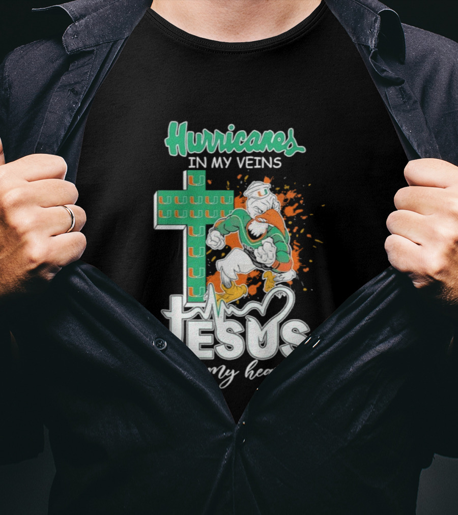 Hurricanes In My Veins Jesus In My Heart Cross Shape Miami Ibis T-Shirt