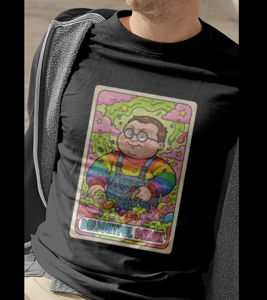 Delightful Derek Rainbow Cartoon Character In Vibrant 80s T-Shirt