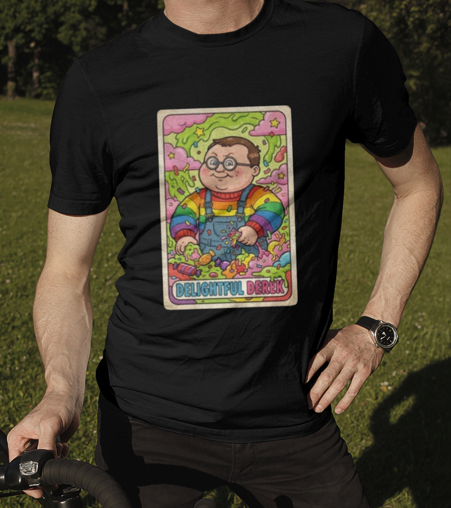 Delightful Derek Rainbow Cartoon Character In Vibrant 80s T-Shirt