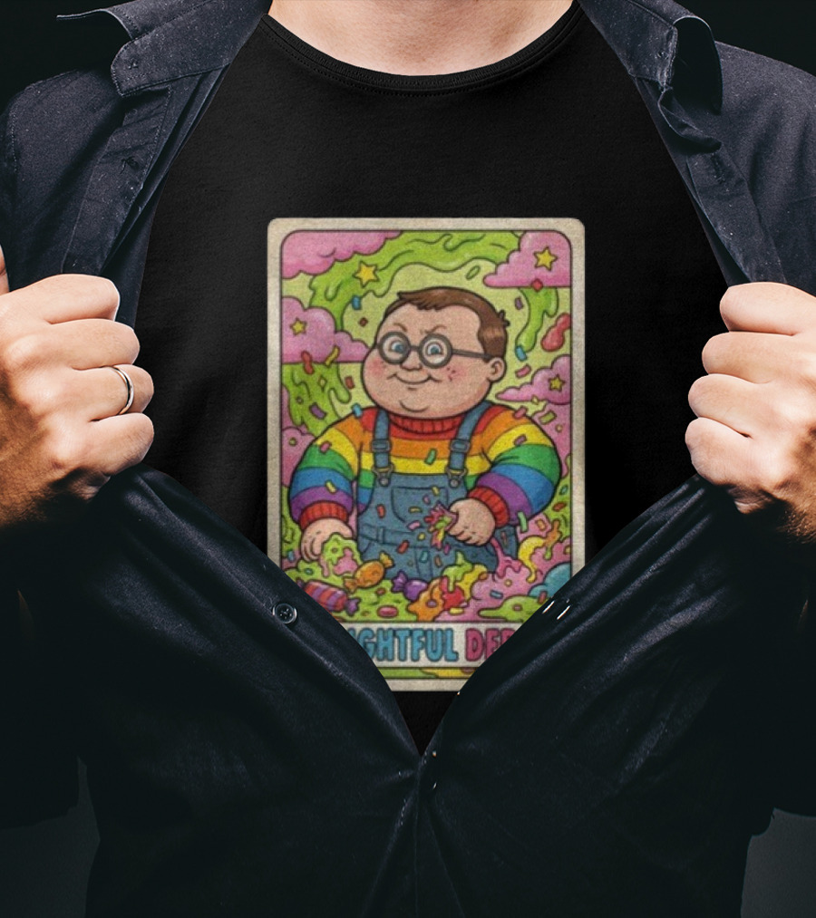 Delightful Derek Rainbow Cartoon Character In Vibrant 80s T-Shirt