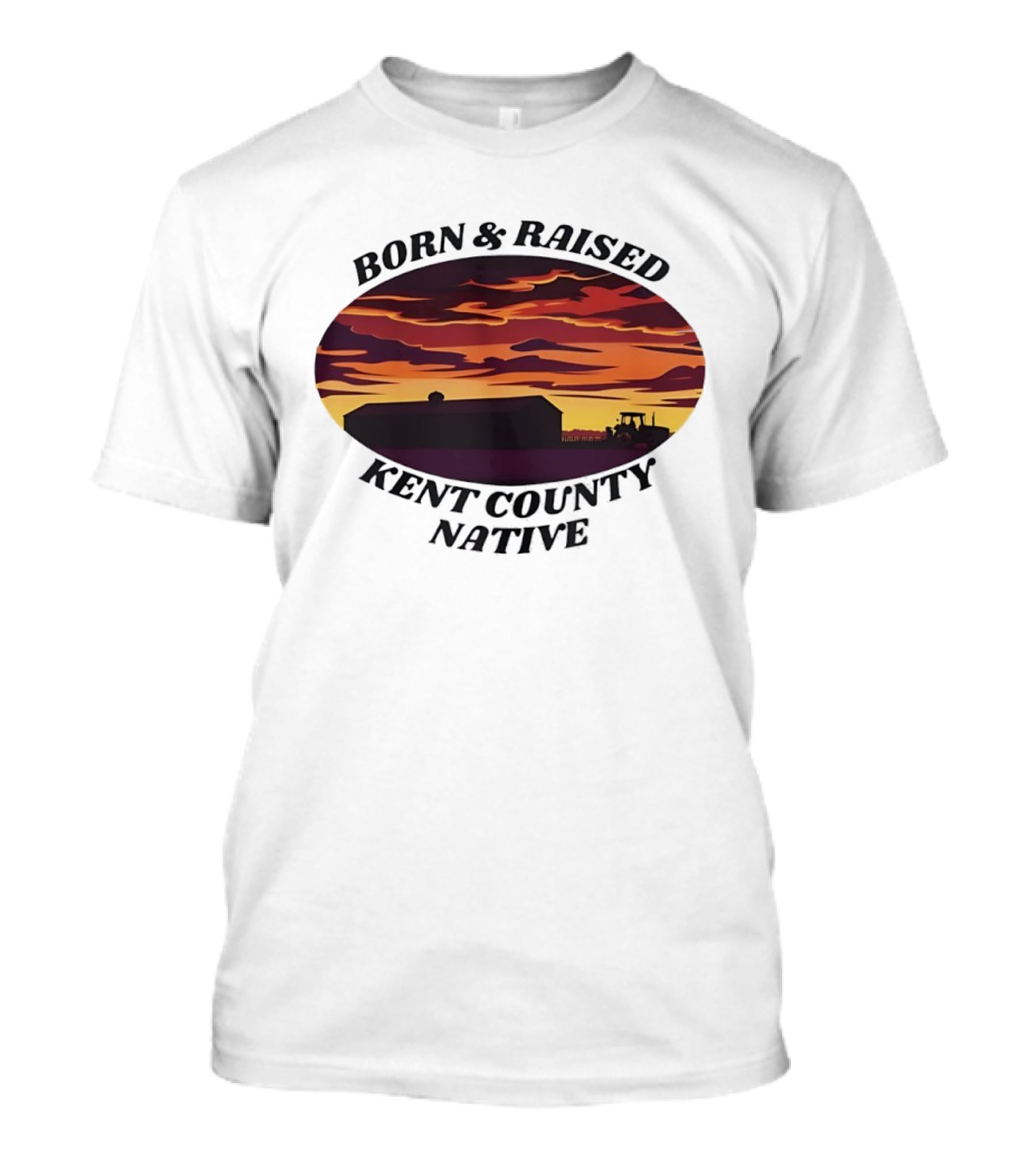 Born Raised Kent County Native Sunset Barn And Tractor Vintage Retro Landscape T-Shirt