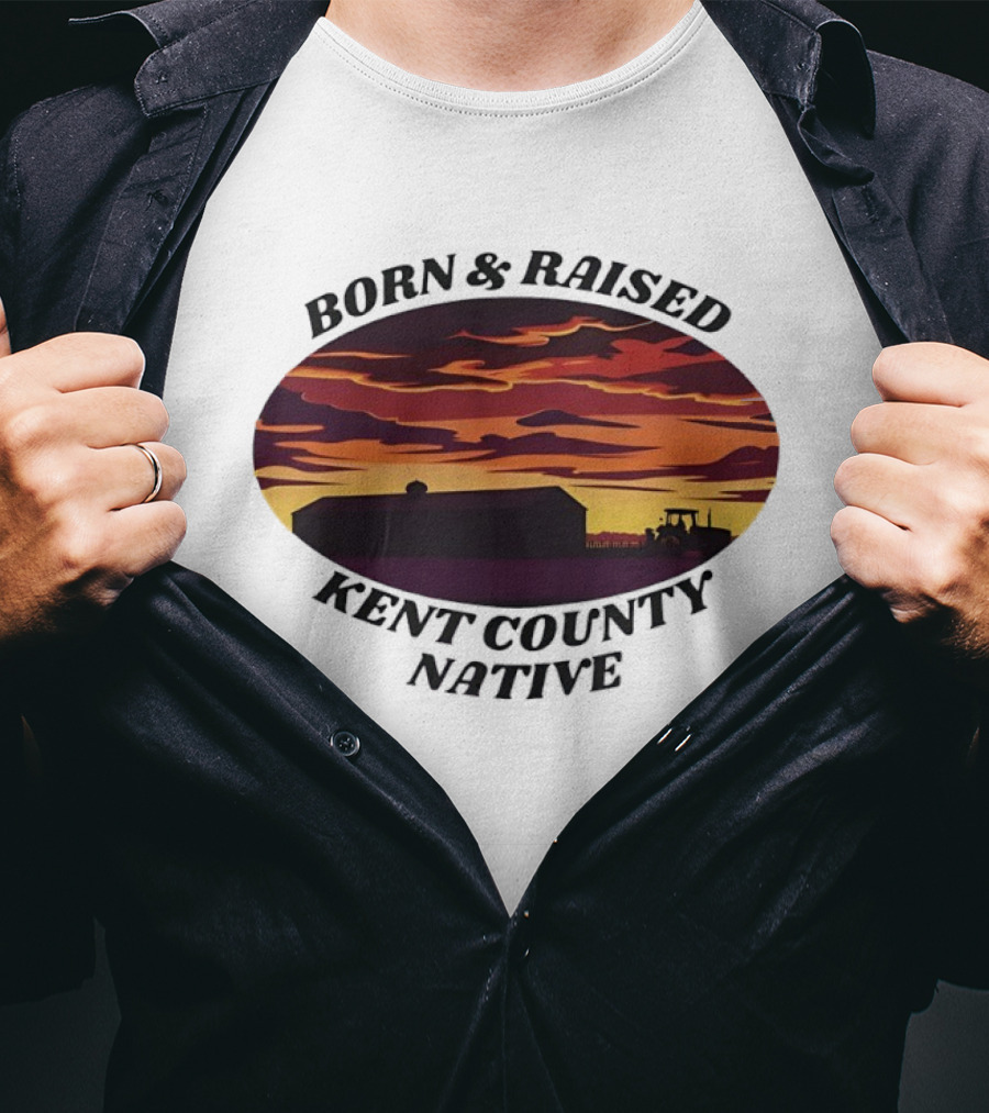 Born Raised Kent County Native Sunset Barn And Tractor Vintage Retro Landscape T-Shirt