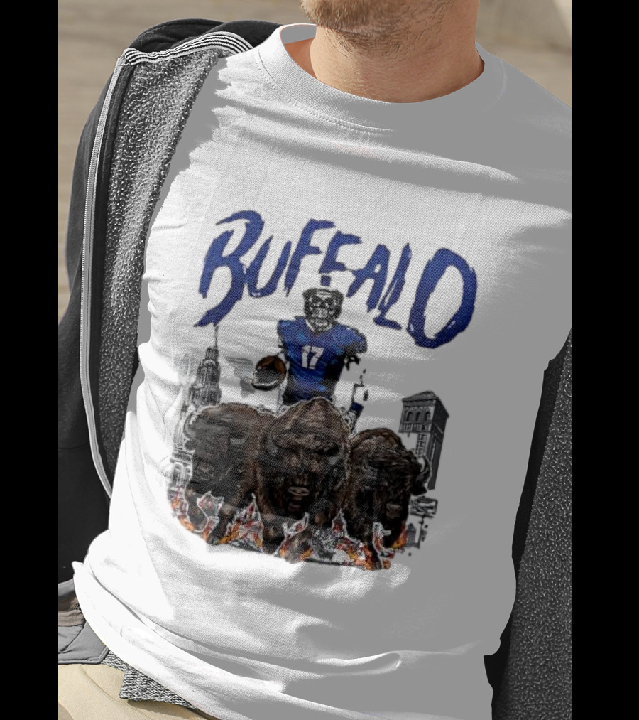 Buffalo Football Skeleton 17 With Charging Bison And City Skyline T-Shirt