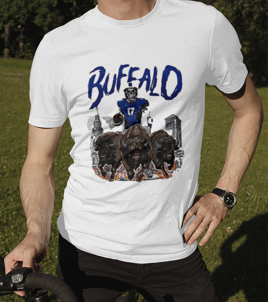 Buffalo Football Skeleton 17 With Charging Bison And City Skyline T-Shirt
