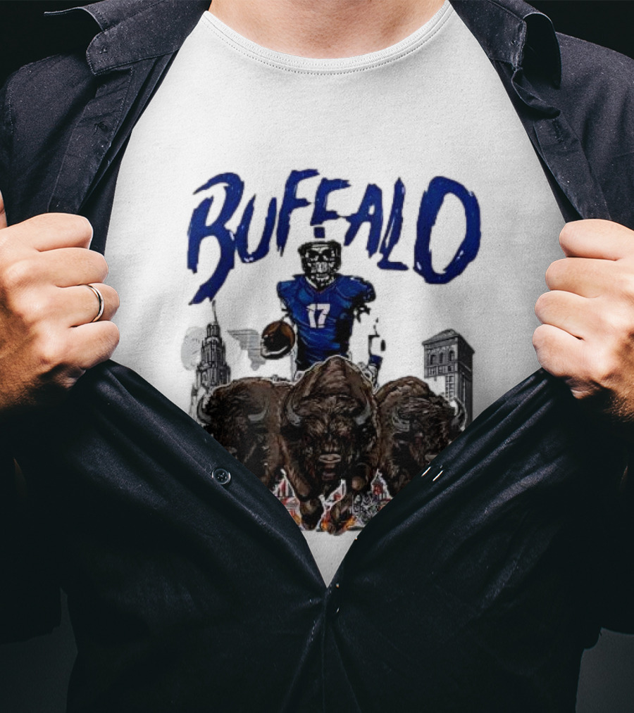 Buffalo Football Skeleton 17 With Charging Bison And City Skyline T-Shirt