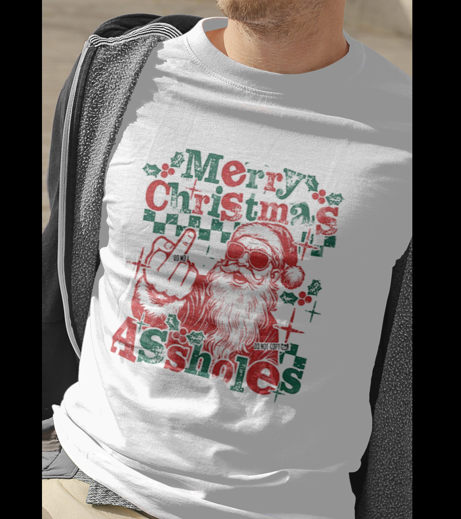 Merry Christmas Assholes Santa Claus Middle Finger Holiday Humor T-Shirt