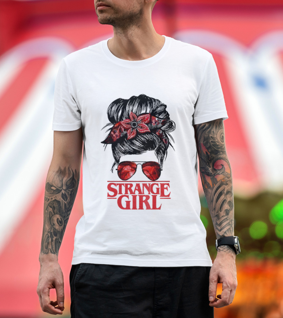 Strange Girl Red Floral Hair Scarf Messy Bun T-Shirt