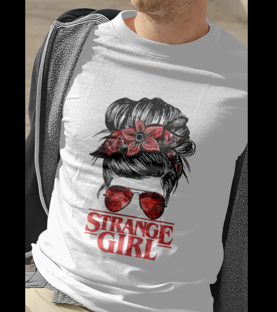 Strange Girl Red Floral Hair Scarf Messy Bun T-Shirt