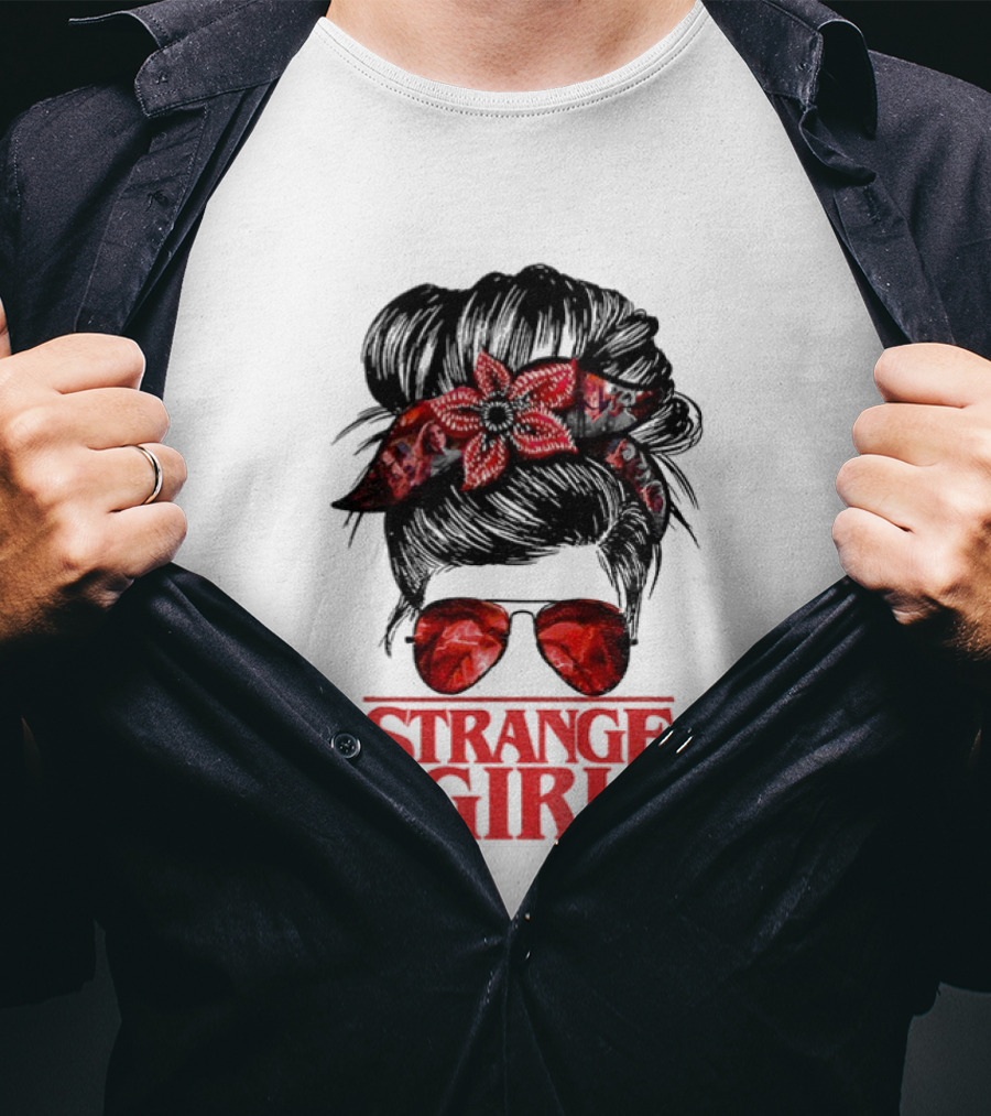 Strange Girl Red Floral Hair Scarf Messy Bun T-Shirt