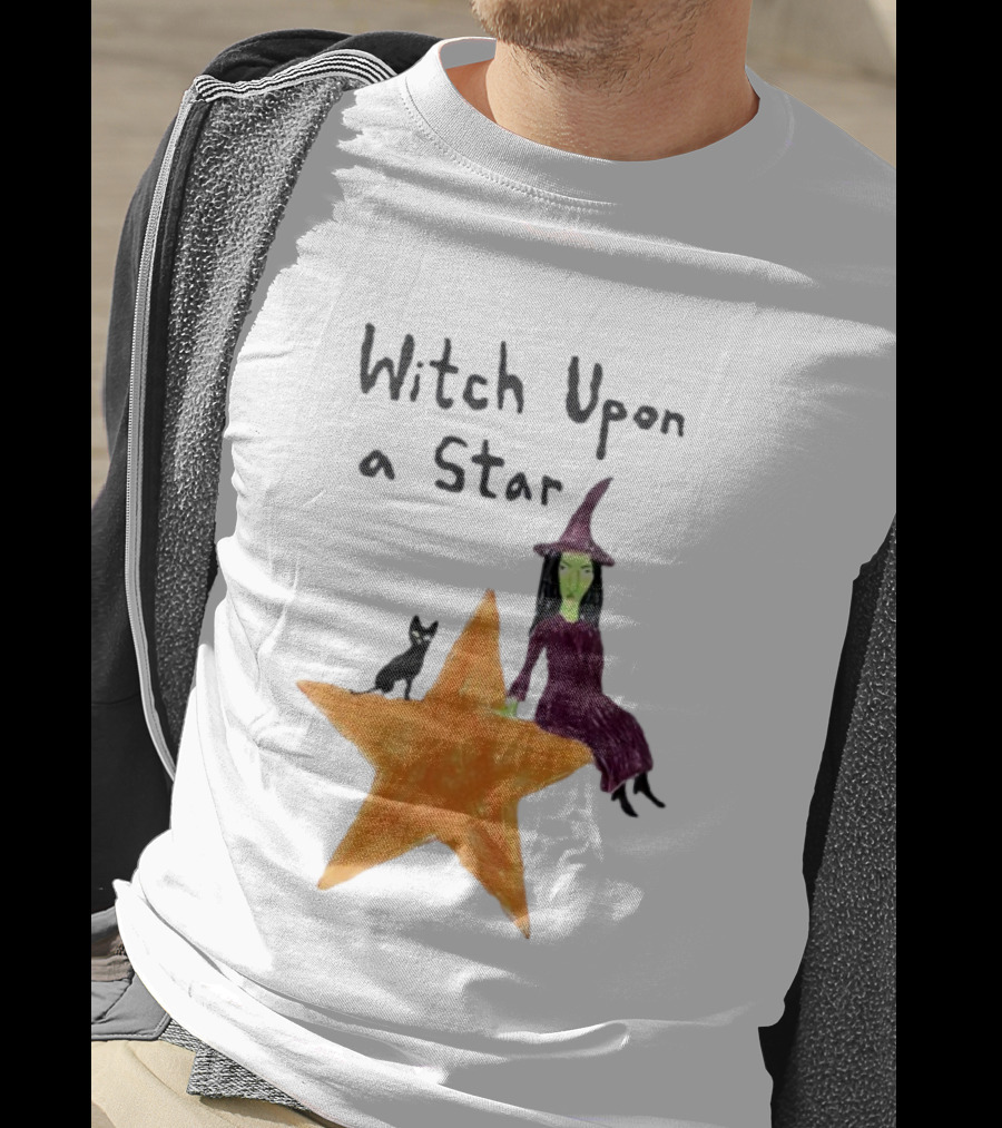 Witch Upon A Star Green Witch Purple Hat Orange Star Black Cat T-Shirt