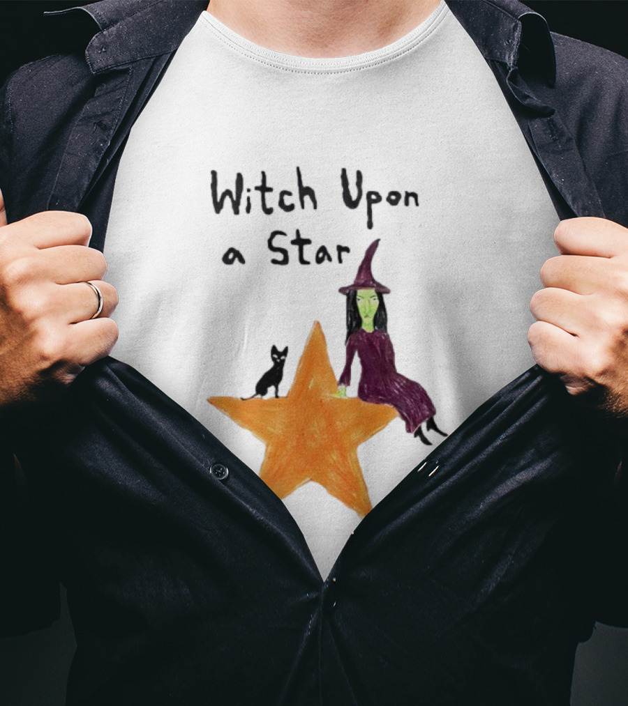 Witch Upon A Star Green Witch Purple Hat Orange Star Black Cat T-Shirt