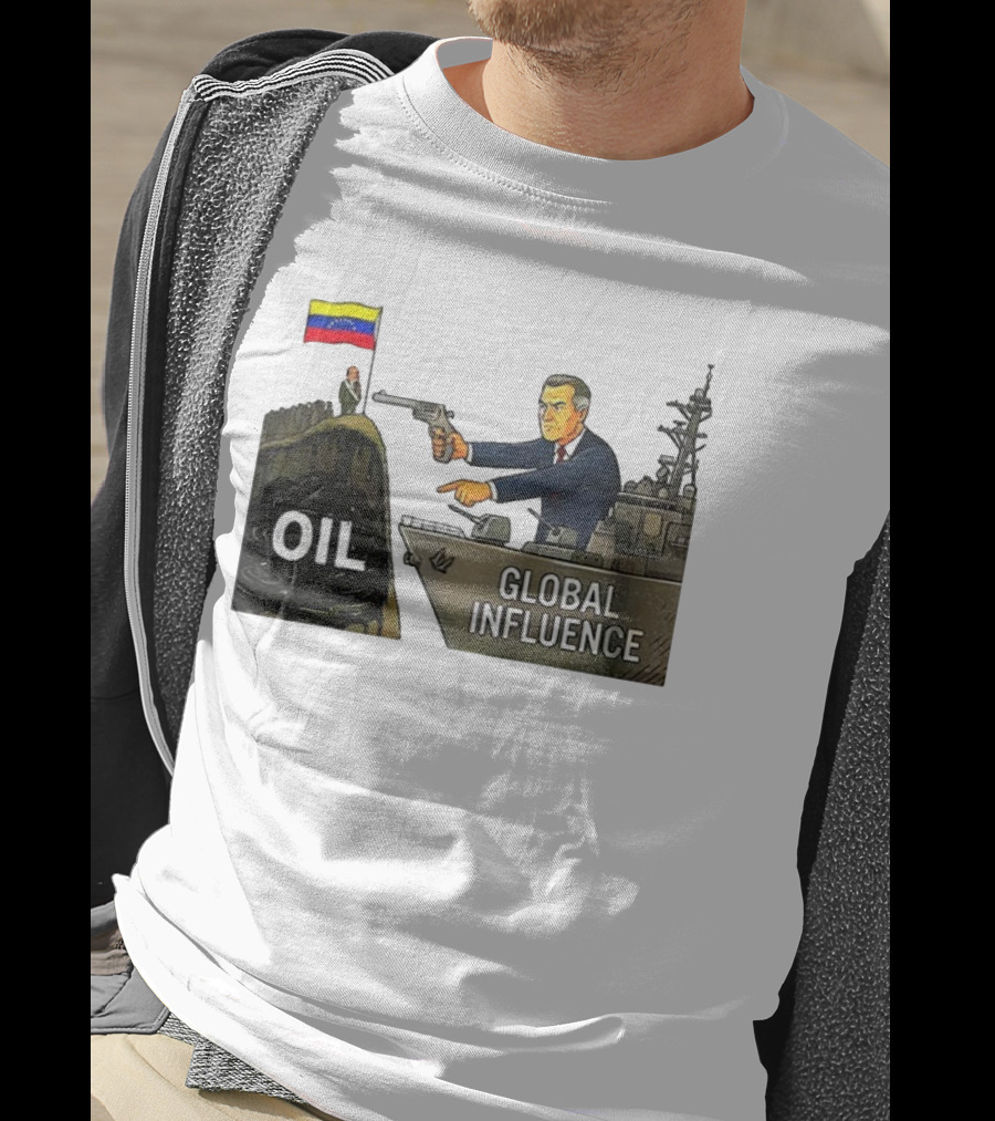 USA Venezuela Oil Conflict Political Satire Global Influence Cartoon Flags Gun Ship T-Shirt