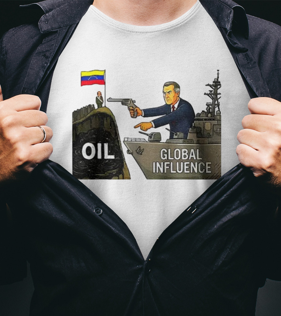 USA Venezuela Oil Conflict Political Satire Global Influence Cartoon Flags Gun Ship T-Shirt