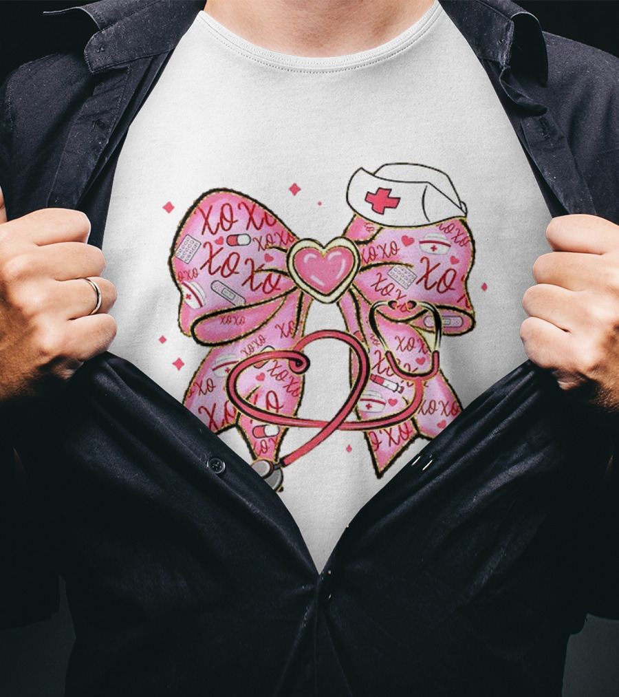 Valentine Nurse XOXO Heart Bow And Stethoscope T-Shirt