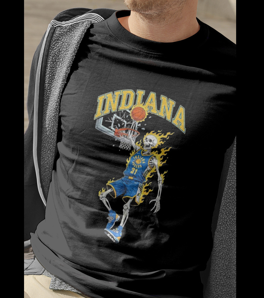 Indiana Pacers Skeleton Basketball Dunk In Flames T-Shirt