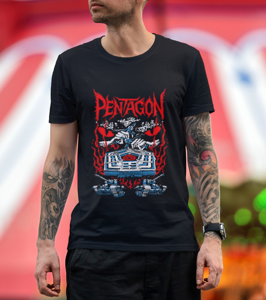 Pentagon Band Red Flames And Hearts T-Shirt