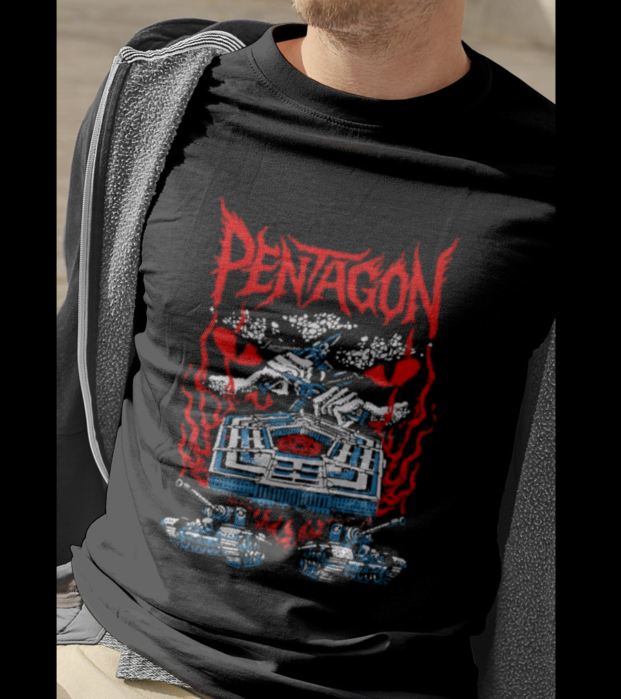 Pentagon Band Red Flames And Hearts T-Shirt