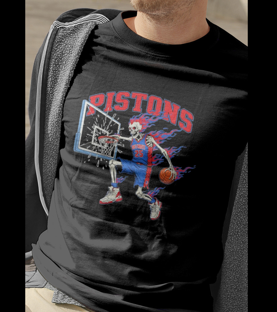 Detroit Pistons Skeleton Basketball Player With Flame Hair Dunking T-Shirt