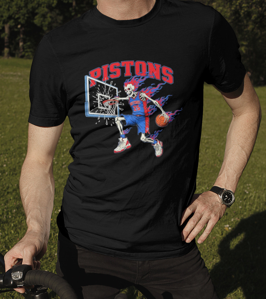 Detroit Pistons Skeleton Basketball Player With Flame Hair Dunking T-Shirt