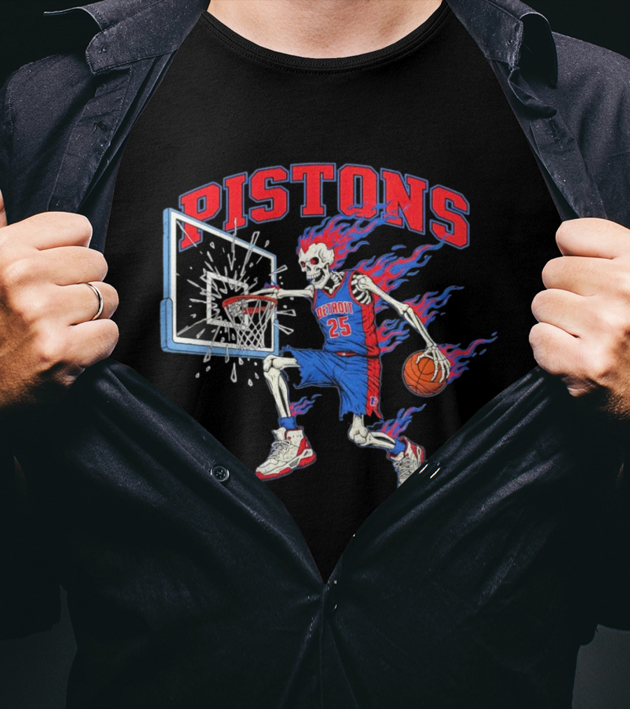 Detroit Pistons Skeleton Basketball Player With Flame Hair Dunking T-Shirt