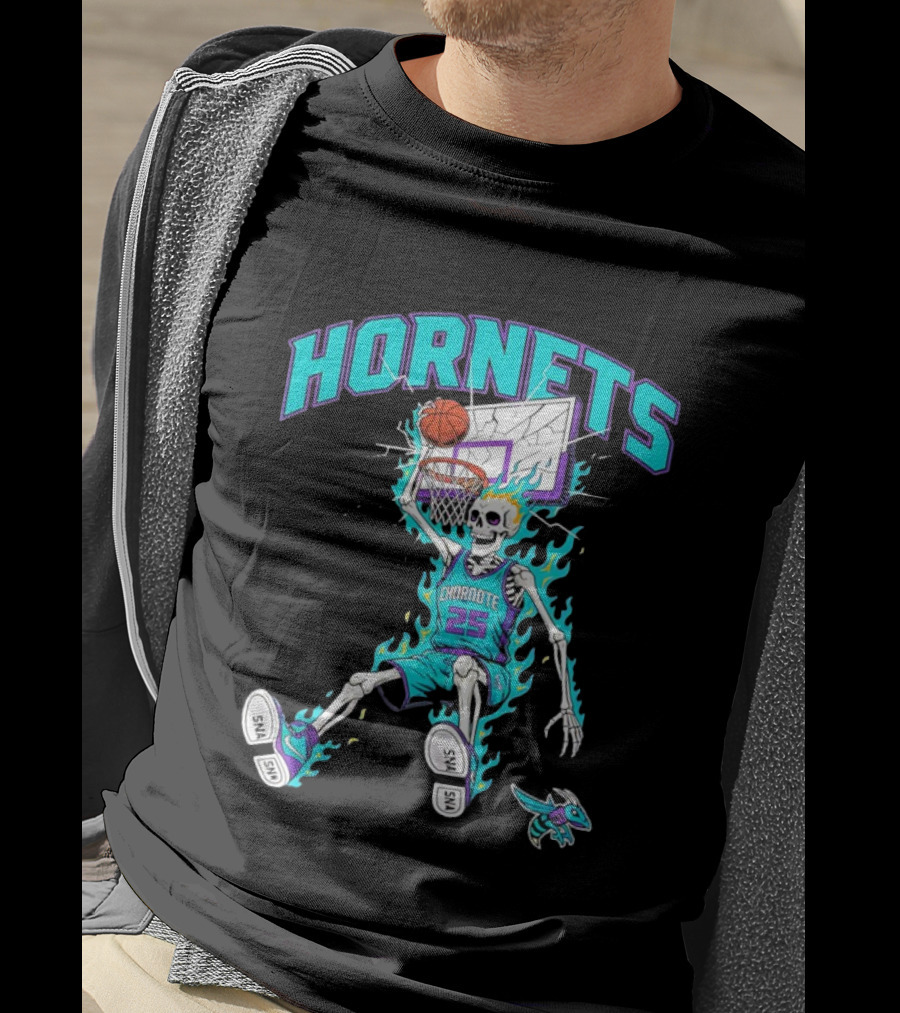 Charlotte Hornets Skeleton Dunking Basketball Retro Style Flame T-Shirt