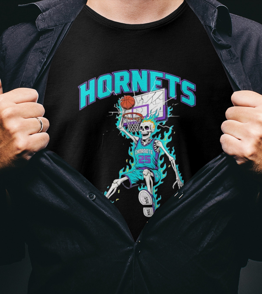 Charlotte Hornets Skeleton Dunking Basketball Retro Style Flame T-Shirt