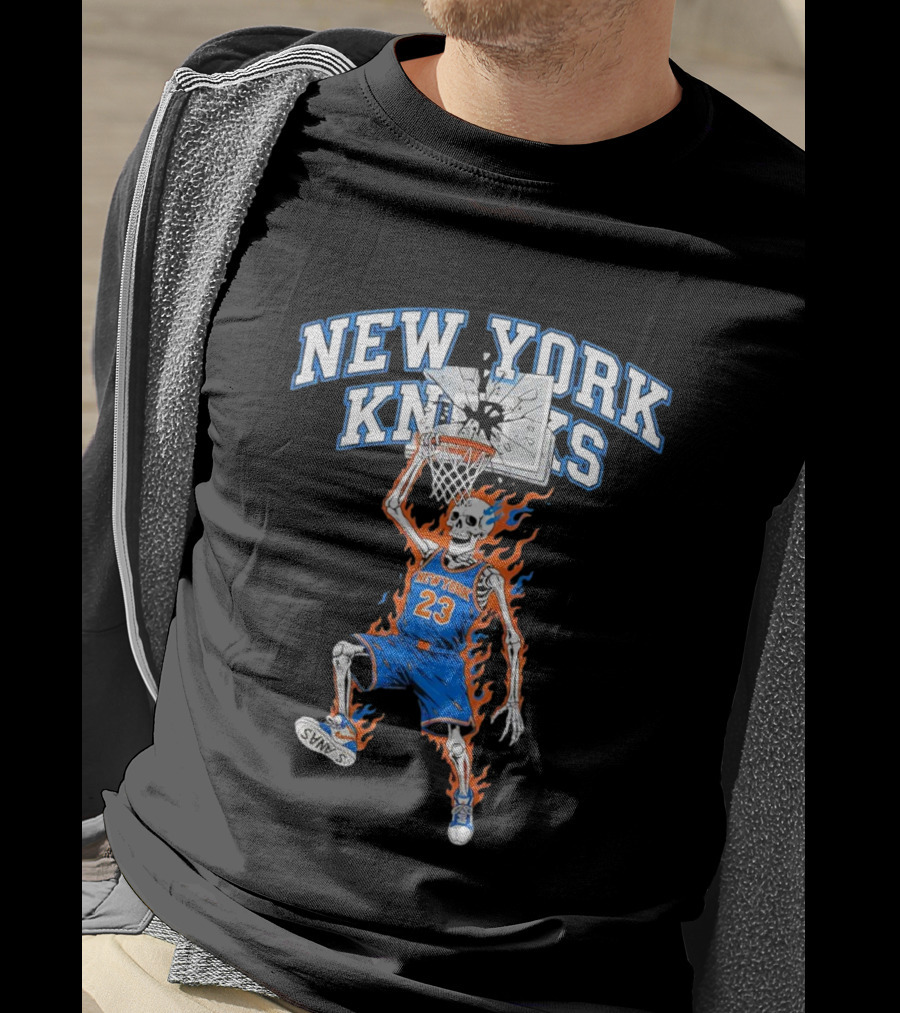 New York Knicks Basketball Skeleton Player Dunking Fire 23 T-Shirt