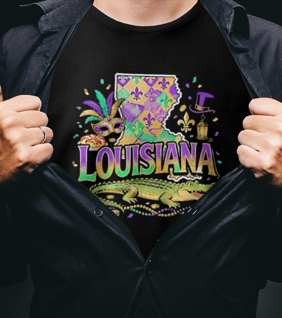 Louisiana Mardi Gras Alligator Carnival Mask Beads Fleur De Lis Lantern T-Shirt