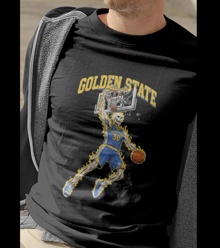 Golden State Warriors Basketball Skeleton Player Slam Dunk Fire T-Shirt