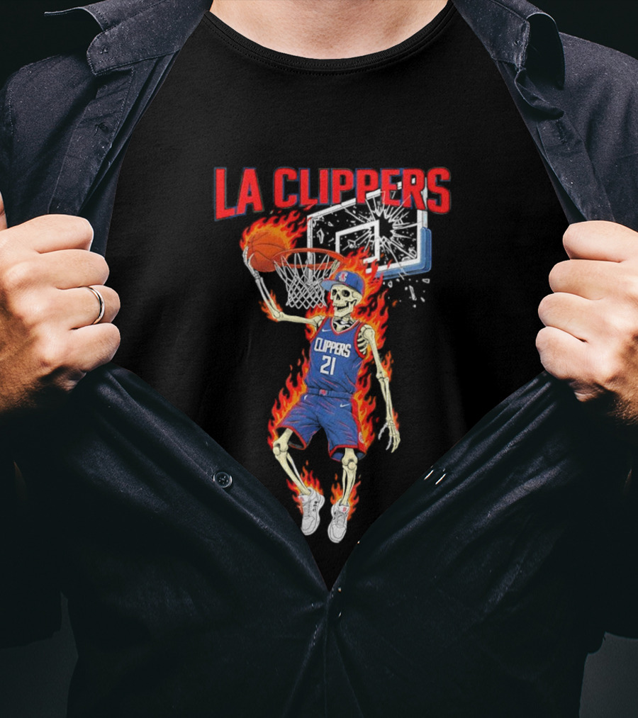 LA Clippers Basketball Skeleton Player On Fire Dunking T-Shirt
