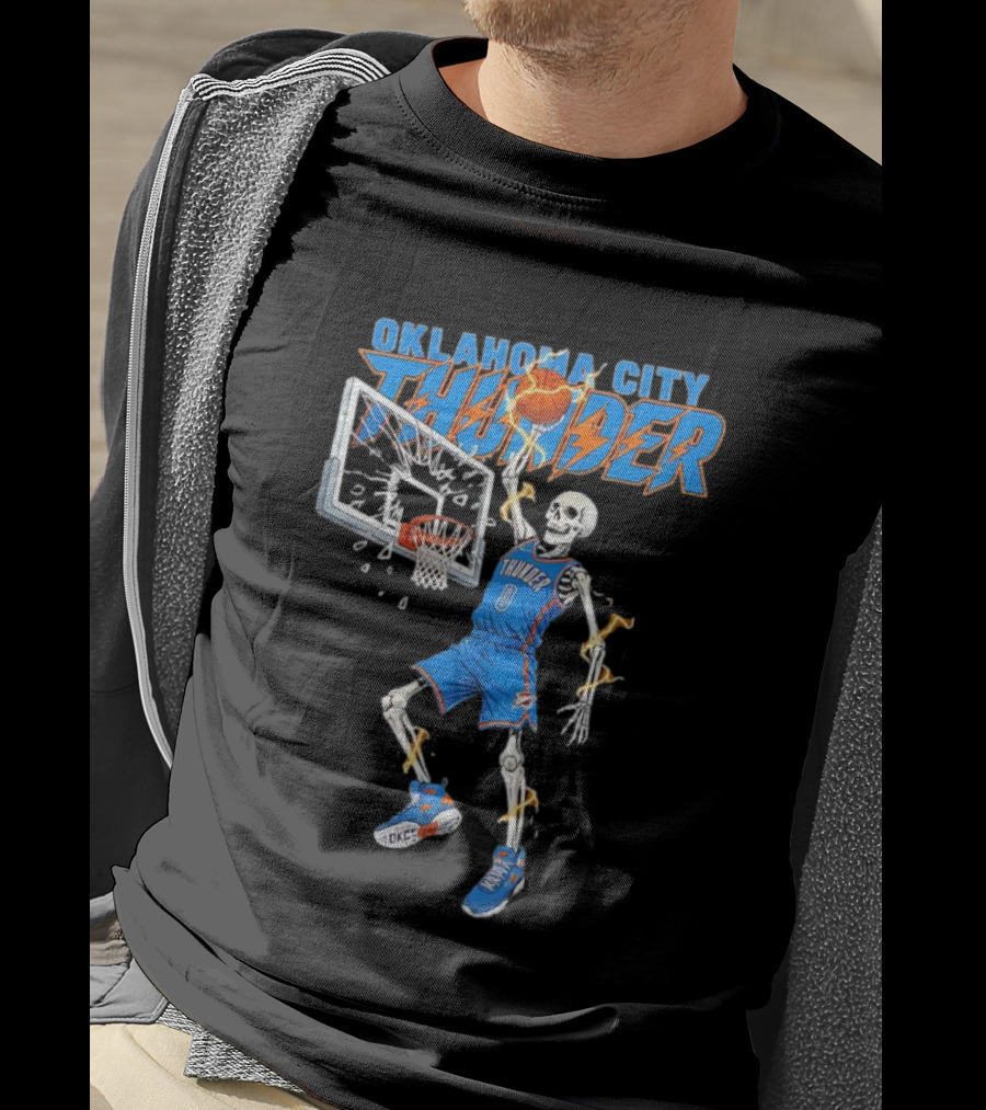 Oklahoma City Thunder Basketball Skeleton Dunking Fiery Hoops Player T-Shirt