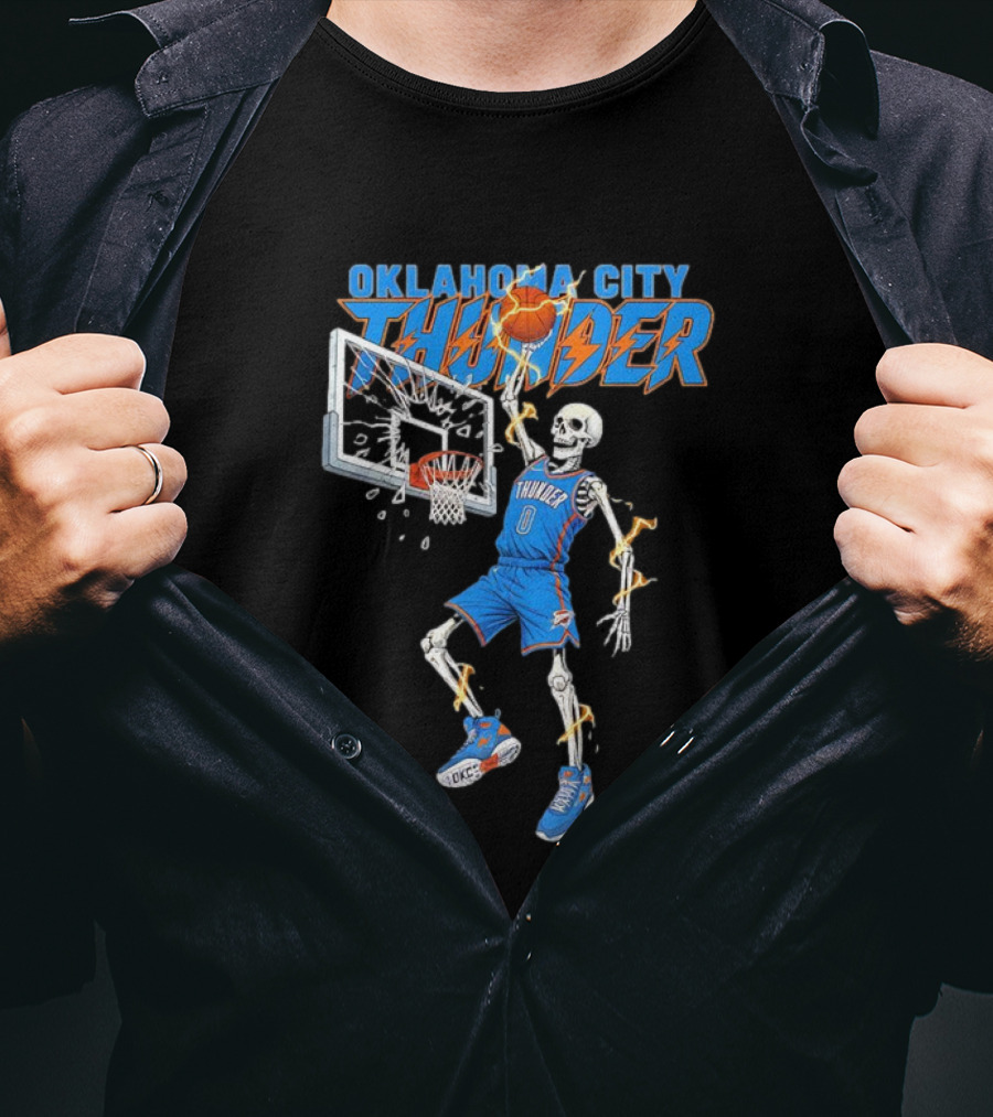 Oklahoma City Thunder Basketball Skeleton Dunking Fiery Hoops Player T-Shirt