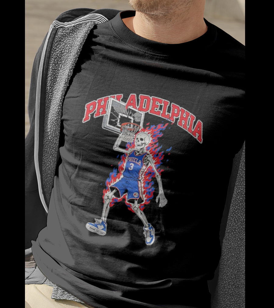 Philadelphia 76ers Skeleton Dunking Basketball Player In Flames T-Shirt