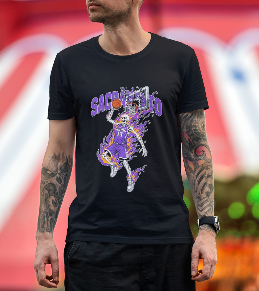 Sacramento Kings Skeleton Basketball Player Flames Sports Team T-Shirt