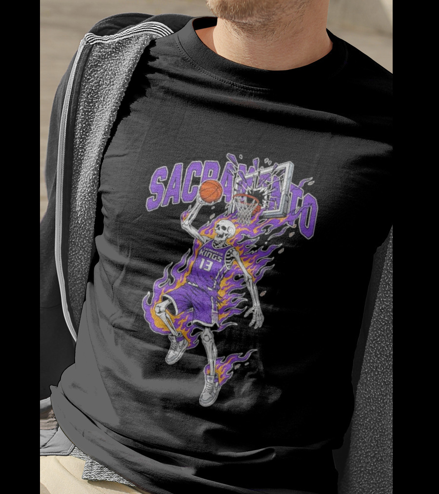 Sacramento Kings Skeleton Basketball Player Flames Sports Team T-Shirt