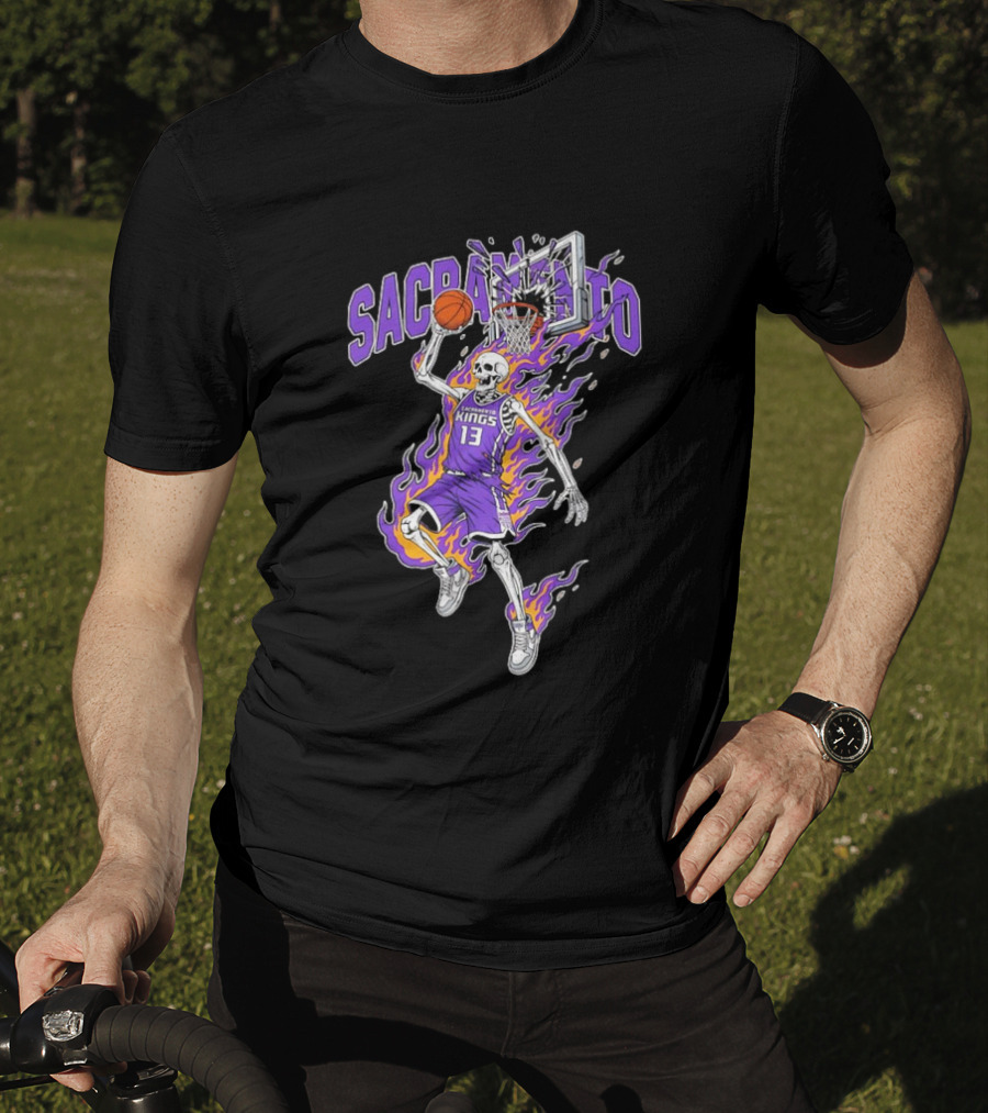 Sacramento Kings Skeleton Basketball Player Flames Sports Team T-Shirt