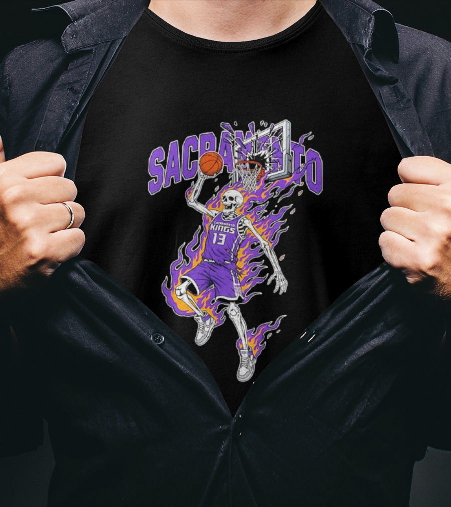 Sacramento Kings Skeleton Basketball Player Flames Sports Team T-Shirt